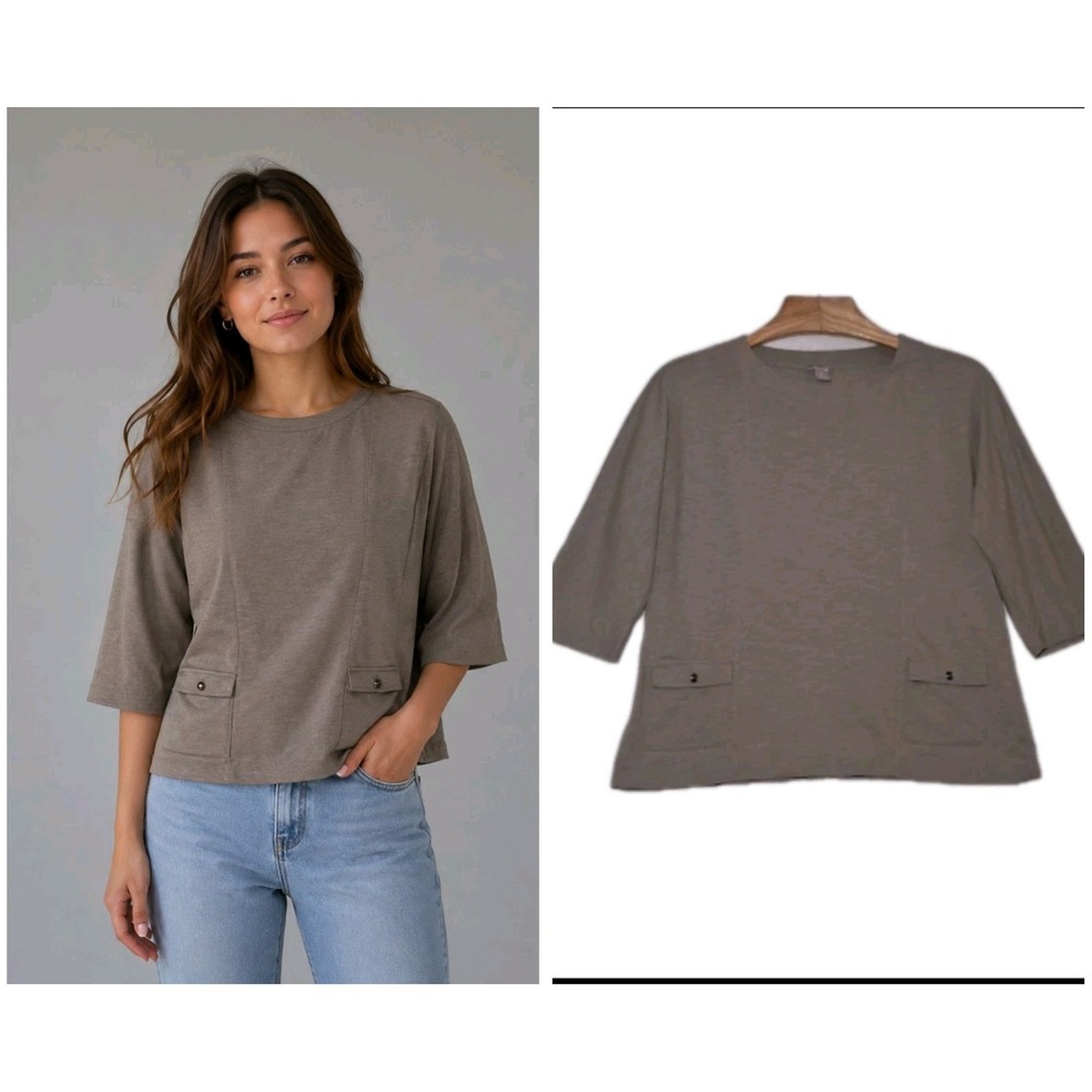 Chicos Cotton Top Womens 2 Large Army Green Dolman 3/4 Sleeves Patch Pockets